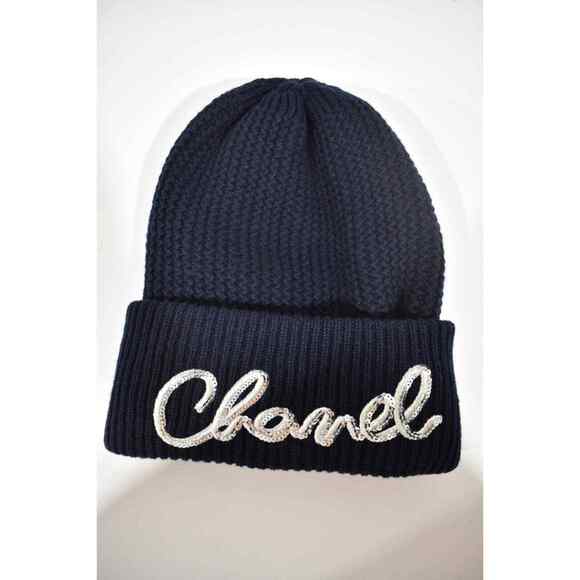 Chanel 22A Cashmere Navy Blue Silver Sequin CC Logo Beanie Winter Hat Cap Cloche main image 7